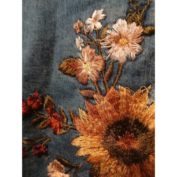 Vntg Embroidered Flare Jeans Sz 9 Blue Sunflower Daisy Acid Boho Festival Gypsy - Picture 3 of 16